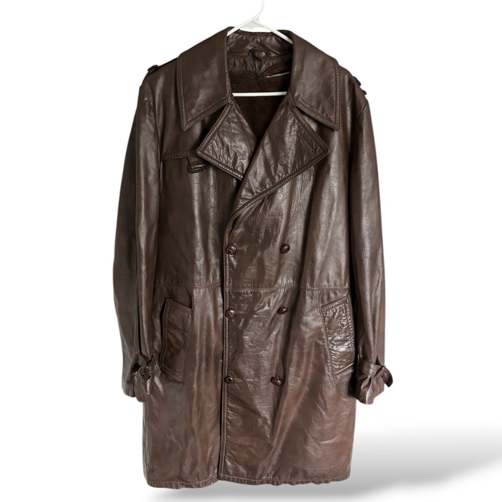 Vintage Chocolate Brown Genuine Leather Trench Coat with Fur Lining